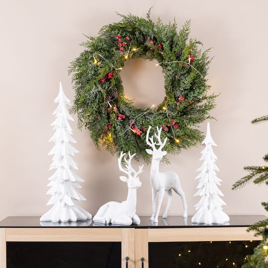 Glitzhome® White Reindeer with Tree Christmas Table Décor Set